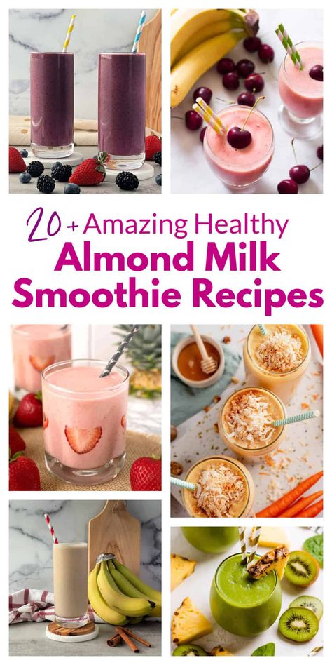 ​These almond milk smoothie recipes have two things in common. They are all healthy smoothie recipes, and they all use almond milk in the ingredients. Whip up refreshing almond milk smoothies in minutes! Blend your favorite fruits, veggies, or both for a creamy and healthy drink. Frozen fruit adds thickness, so get creative with berries, bananas, kale, or mango. Enjoy a delicious and nutritious boost anytime #almondmilksmoothierecipes #almondmilksmoothies Almond Milk Fruit Smoothie, Almond Milk Smoothies, Almond Milk Drinks, Frozen Fruit Smoothie Recipes, Milk Smoothie Recipes, Almond Milk Smoothie Recipes, Frozen Fruit Recipes, Frozen Fruit Smoothie, Blueberry Smoothie Recipe