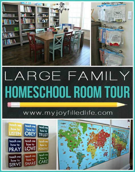 Need some inspiration for setting up & organizing your homeschool room or space? Check out this homeschool room tour from a veteran homeschool mom of 8!  #homeschoolroom #homeschoollife #homeschoolmom #largefamilyhomeschool Homeschool Storage Ideas, Learning Room, Homeschool Room Decor, Bag Hangers, Homeschool Room Design, Homeschool Room Organization, Homeschool Family, Blue Chairs, Homeschool Decor