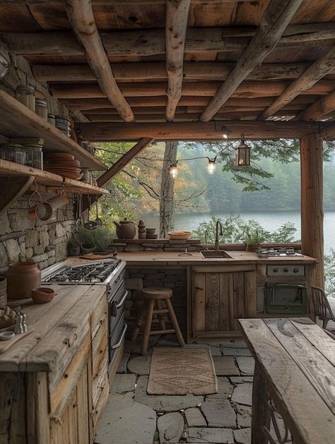 Kitchen Remake, Medieval Theme, Lakeside Cottage, Cabin Kitchens, Rustic Home Design, Room Goals, Country Scenes, Fantasy House, Fireplace Ideas