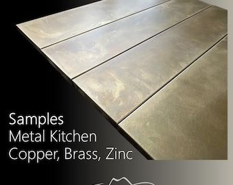 LostCowboys | Etsy Ireland Brass Sheet Metal, Bronze Countertops, Metal Countertops Kitchen, Sheet Metal Backsplash, Brass Cabinets, Ikea Kitchen Doors, Metallic Tile, Metal Countertops, Metal Kitchen Cabinets