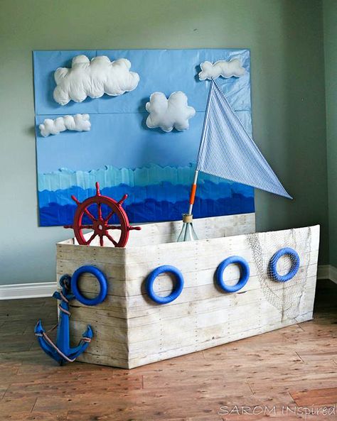 Boat Classroom Theme, Boat Photo Booth, Photo Booth Birthday, Boat Birthday, Nautical Classroom Theme, Cardboard Boat, Boat Theme, Sailor Theme, Boat Crafts