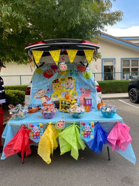 Cocomelon trunk or treat with Walmart and dollar tree supplies Coco Melon Trunk Or Treat, Trunk Or Treat Cocomelon, Cocomelon Trunk Or Treat Ideas, Cocomelon Trunk Or Treat, Trunk Or Treat, Halloween Treats, Dollar Tree, Trunk, Fall Decor