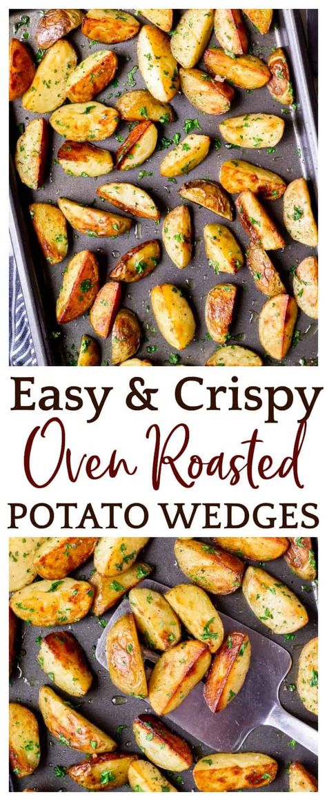 Homemade Oven Roasted Potato Wedges are super easy to make and the perfect side for so many dishes. The recipe will give you potatoes that are golden and crispy on the outside and melt-in-your-mouth creamy tender on the inside. | #roastedpotatoes #potatoes #sidedishes #sides #easyrecipes Oven Roasted Potato Wedges, Homemade Potato Wedges, Oven Roasted Potatoes Easy, Easy Roasted Potatoes, Roasted Potato Wedges, Potato Wedges Recipe, Au Gratin Recipes, Potatoes In Oven, Potato Wedges Baked