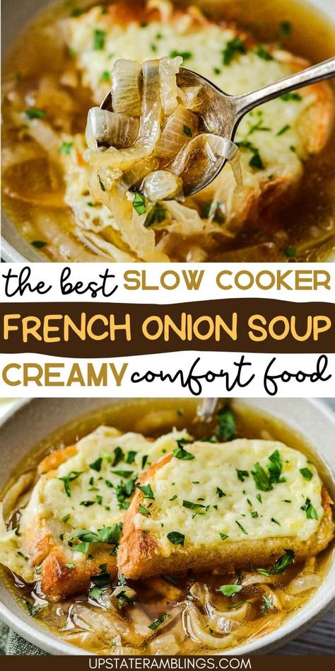 Warm up with a bowl of classic comfort! Our Easy Slow Cooker French Onion Soup brings all the rich flavors of caramelized onions and melted cheese, simmered to perfection in your slow cooker. Ideal for a cozy dinner or a comforting lunch. Discover the simple steps to create this delightful meal! Slow Cook French Onion Soup, Crockpot Vegetarian French Onion Soup, Chicken French Onion Soup Crockpot, Easy Crockpot Recipes Keto, Slow Cook Soup Recipes, French Onion Soup With Meatballs, One Pot French Onion Soup, Crock Pot French Onion Soup Slow Cooker, Onion Soup Recipe Slow Cooker