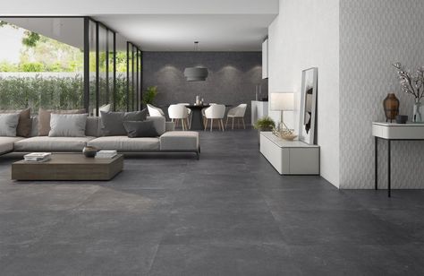 Dark Gray Flooring Living Room, Dark Grey Tile Bathroom, Grey Tiles Living Room, Grey Flooring Living Room, Dark Tile Floors, Tiles Living Room, Interior Design Portfolio Layout, Living Room Decor Tips, Tile Floor Living Room