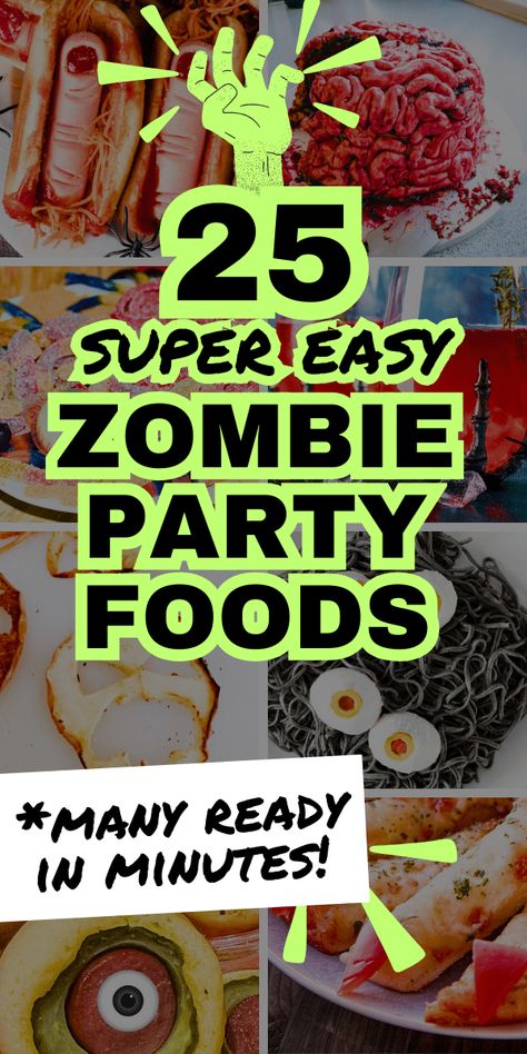 Easy DIY Zombie Party Food Recipes For Kids - Easy zombie recipes great for zombie themed parties, Halloween party for kids or Walking Dead party menu ideas. SUPER EASY HALLOWEEN FOODS and fun for Zombie Apocalypse Party ideas for zombie themes all year or zombie birthday party. #zombiefood #zombierecipe #grossfoods #zombieparties #monsterparty Zombie Dinner Ideas, Zombies, Zombie Halloween Party Food Ideas, Zombie Themed Party Food, Call Of Duty Zombies Birthday Party, Disney Zombies Food Ideas, Zombie Snacks Food Party Ideas, Halloween Intestines Food, Zombie Apocalypse Party Ideas