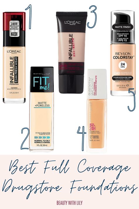 Best Full Coverage Drugstore Foundations // Foundation for Oily Skin Foundation for Combination Skin // Drugstore Makeup // Affordable Makeup for Oily Skin // Full Coverage Makeup // Glam Makeup // How To Conceal Acne | Beauty With Lily #drugstoremakeup #fullcoveragefoundation Best Foundation For Combination Skin Full Coverage, Full Coverage Drugstore Foundation, Best Foundation For Combination Skin, Eyes Inspiration, Makeup Affordable, Acne Beauty, Revlon Colorstay Foundation, Best Drugstore Foundation, Drugstore Concealer