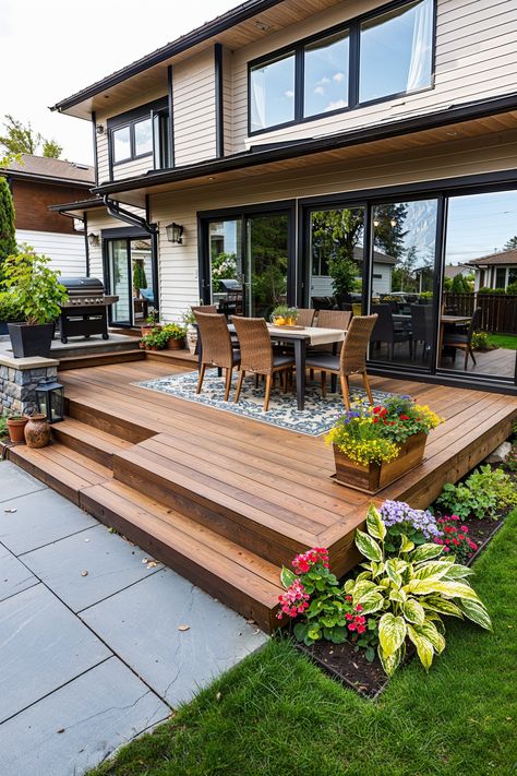 A patio deck is the perfect way to extend your home. Bridge the gap between the indoors and the outdoors and take advantage of all that extra space.

Did you know that a simple patio deck can be built in a single day? Check out our video tutorial that shows you how to build one with every step covered. Floating Deck With Steps, Patio Deck Designs Layout, Deck Across Front Of House, Platform Deck Ideas, Deck And Patio Combo Backyards, Patio Off Of Deck Ideas, Deck Patio Combo Ideas, Deck And Patio Combo, Patio Designs And Ideas Layout