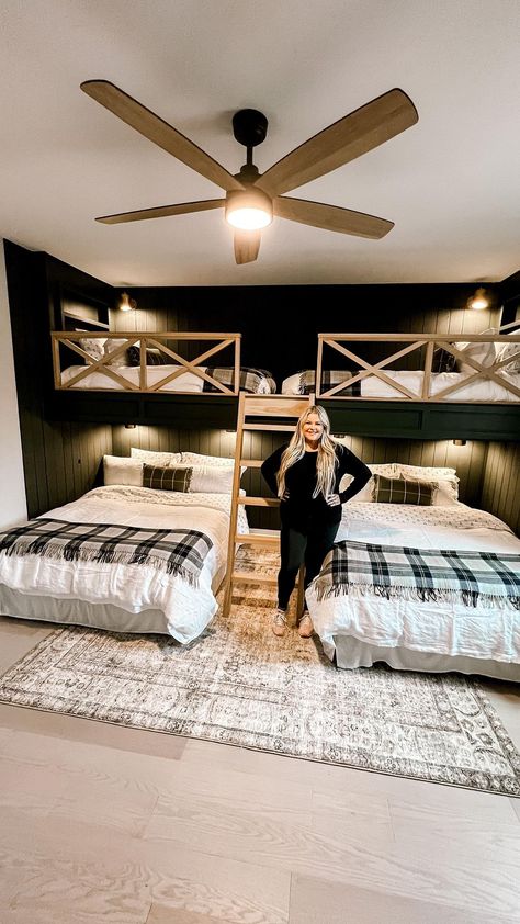 Farmhouse Bunk Beds Guest Rooms, Cabin Queen Bunk Beds, Queen Bed With Twin Bunk, Lake Bunk House, Twin Bed Bunk Room, Bunk Beds For Guest Room, Bunk Room With Low Ceiling, Custom Queen Bunk Beds, Guest Room With Queen Bed And Bunk Beds