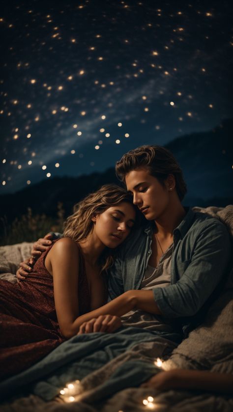 "Starry Night Love: Couple Under the Stars" Cuddling Under The Stars, Romantic Moments Photos, Animated Couple Images, Night Couple Romance, Film Kingsman, Poetry Background, Creative Frames, Romance Book Covers Art, Couple Artwork