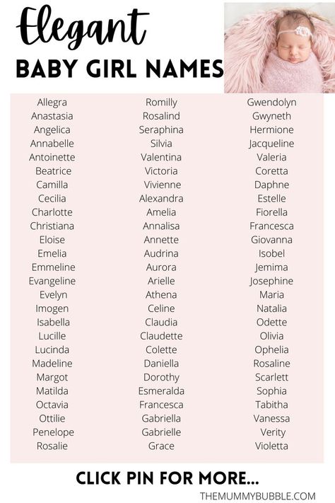 Stunning baby girl name ideas that are elegant! Click the pin for more ideas and meanings Girly Name Ideas, Elegant Names Girl, Female Names List, Female Names With Meaning, Name Ideas Girl, Two Syllable Girl Names, Fancy Girl Names, Baby Girl Names With Meaning, Names With Beautiful Meanings