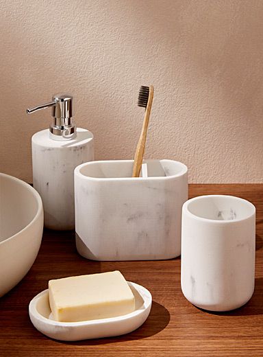 Bathroom Accessories & Accessory Sets | Simons Opal Accessories, Minimalist Toilets, Marble Soap, Marble Accessories, Timeless Bathroom, Ceramic Accessory, Marble Bath, Automatic Soap Dispenser, White Baskets