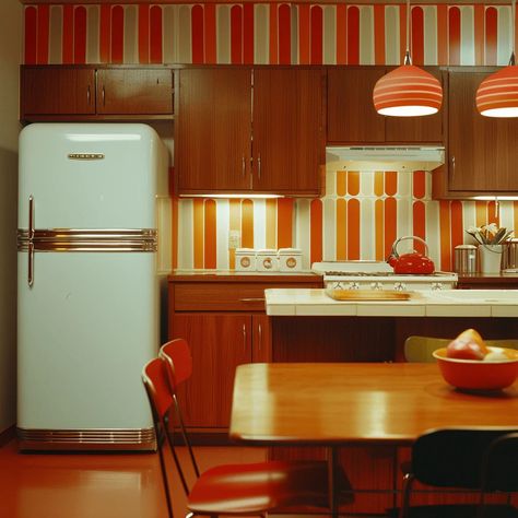 Unlock the Secrets of the 1970s: Transform Your Kitchen into a Retro Haven 70s Aesthetic Kitchen, 70s Kitchen Aesthetic, Wallpaper And Wood, Japandi Dining Room Design, Kitchen 70s, Guest Kitchen, Parisian Dining Room, Japanese Dining Room, Green Appliances