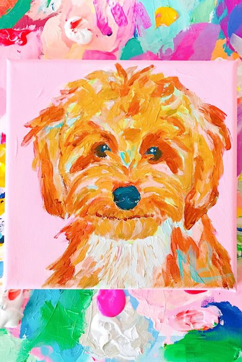 Bright Painting Aesthetic, Bright Watercolor Paintings, Easy Dog Paintings On Canvas, Trendy Art Paintings, Cute Preppy Paintings, Preppy Art Ideas, Dog Paintings Acrylic Easy, Preppy Painting Ideas, Bright Art Painting