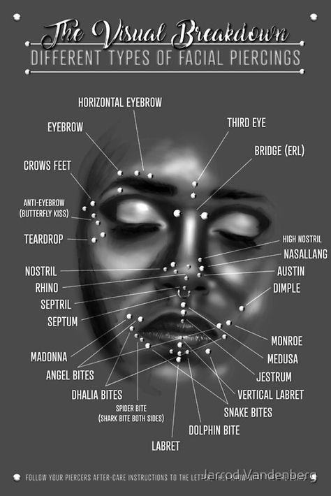 A well researched and comprehensive facial piercing chart suitable for professional piercers or enthusiasts alike. • Millions of unique designs by independent artists. Find your thing. Piercing No Rosto, Face Dermal Piercing, Face Dermal, Different Types Of Piercings, Mouth Piercings, Different Ear Piercings, Types Of Facials, Ear Piercings Chart, Piercing Chart