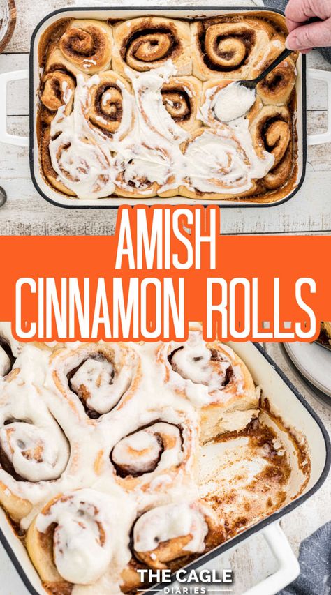 Food in Amish Country just tastes so much better - I can't put my finger on it.... but it does! This recipe for Amish Cinnamon Rolls tastes just like they were bought there. Tasty cinnamon buns, they're sticky and soft and absolutely heavenly. Amish Cinnamon Rolls Recipes, Rhodes Dinner Roll Recipes, Amish Cinnamon Rolls Homemade, Large Batch Cinnamon Rolls Homemade, Amish Cinnamon Rolls, Amish Cinnamon Bread Recipe, Small Batch Cinnamon Buns, Amish Cinnamon Rolls Mashed Potatoes, Amish Cinnamon Bread Recipe With Starter