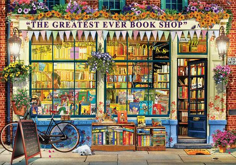 Beautiful book store illustration by Gary Walton. Puzzle Warehouse, Library Painting, Library Mural, Ii Wallpaper, Puzzle Frame, Travel Collage, Over The River, Inspirational Wallpapers, 1000 Piece Jigsaw Puzzles