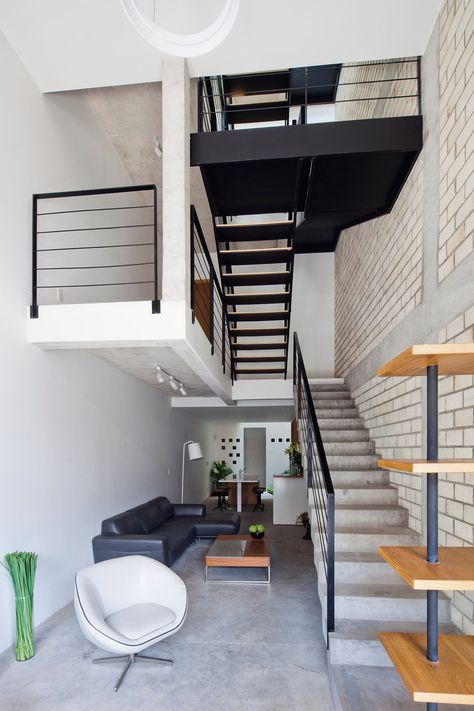 Cambodian House, Stair Design, Wooden Facade, Modern Townhouse, Stair Case, Homeward Bound, Narrow House, Industrial Modern, Town House