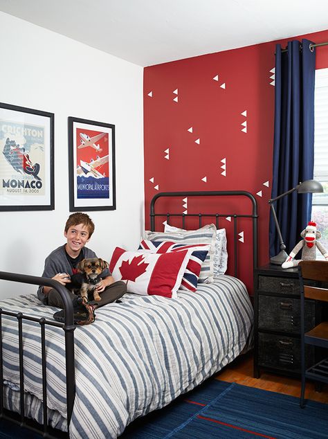 House & Home Red Toddler Room, Red Kids Bedroom, Red Boys Room, Red Kids Room, Picture Frames On The Wall, Red Kids Rooms, Red Boys Bedroom, Boy Room Red, Wall Color Ideas