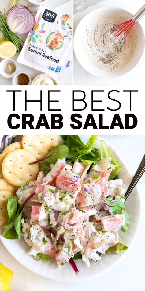 This easy Crab Salad is made with imitation crab meat, diced onion, and celery all tossed in a creamy mayonnaise dressing. Delicious served over a bed of lettuce, scooped onto buttery crackers, or piled between your favorite sandwich roll. Pasta Salad With Crab Meat, Salad With Crab Meat, Best Crab Salad Recipe, Recipe For Pasta Salad, Crab Salad Sandwich, Shrimp Salads, Crab Meat Salad, Mayonnaise Dressing, Recipe For Pasta