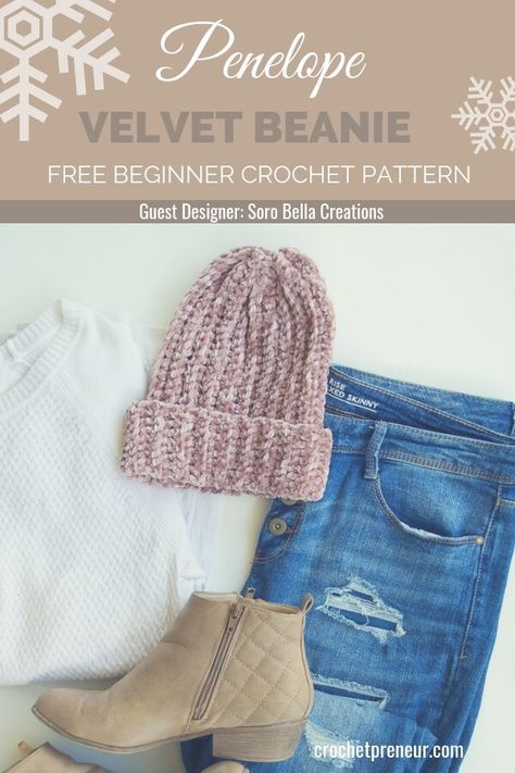 This beginner-friendly velvet beanie crochet pattern is so easy to make it'll become your new favorite! Made with luxurious velvet yarn, the finished winter hat is both soft and warm. #velvethat #velvetyarn #crochetpattern #freecrochetpattern #velvetbeanie #velvetbeaniecrochetpattern #sorobellacreations #30daysofcozy #beginnercrochetpattern Crochet Hat For Beginners, Beanie Crochet Pattern, Yarn Hats, Velvet Yarn, Bonnet Crochet, Crochet Hat Free, Beanie Crochet, Cozy Crochet, Crochet Beanie Pattern