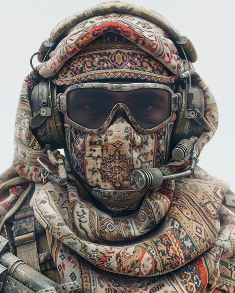 The image shows a soldier wearing a ghillie suit made of a Persian carpet. The soldier is wearing a mask, goggles, and headphones ->> more details in ai-img-gen.com Desert Goggles, Ghillie Suit, Desert Environment, The Soldier, Wearing A Mask, Man Art, A Soldier, Post Apocalyptic, Male Art