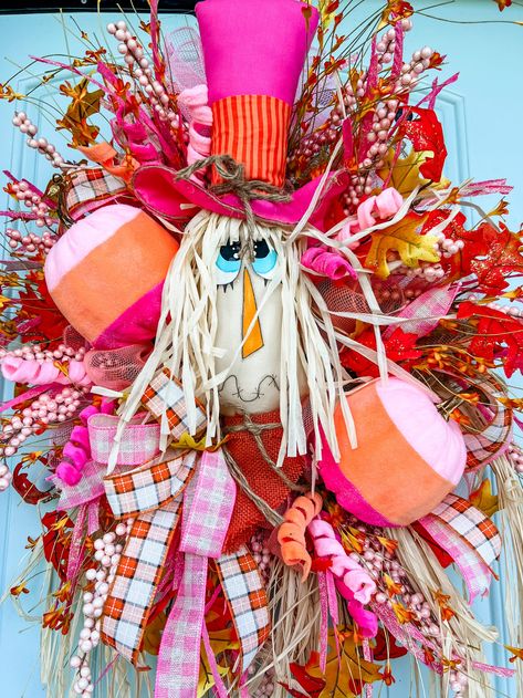 pink and orange inspired scarecrow fall wreaths Front Door Wreaths, Pink Scarecrow, Types Of Themes, Wreath Inspiration, Fall Pink, Orange Wreath, Scarecrow Wreath, Grapevine Wreaths, Fall Inspiration