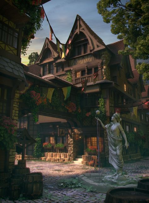 ArtStation - Fantasy Village Forest Cabin Fantasy Art, Royal Village Aesthetic, Farming Village Fantasy Art, Fantasy Village Forest, Enchanted Village Aesthetic, Fantasy Medieval Village Aesthetic, Destroyed Village Fantasy Art, Fantasy Inn Aesthetic, Fantasy Town Art Landscapes