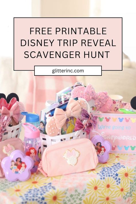 Plan a Disney trip reveal scavenger hunt to surprise your kids with a Disney World Trip! This free activity includes creative clues and ideas on how to tell the kids about a Disney trip. It's a fun and exciting way to announce your trip and make the vacation surprise unforgettable. Disney Trip Reveal Scavenger Hunt, Surprise Trip Reveal Ideas Kids, Trip Reveal Scavenger Hunt, Free Scavenger Hunt Printables, Surprise Disney Trip Reveal, Surprise Disney Trip, Kids Scavenger Hunt Clues, Surprise Basket, Disney Vacation Surprise