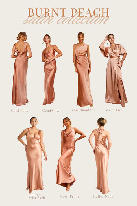 Confidence giving, effortless and comfortable. Whatever their style, find their perfect fit in our gorgeous Burnt Peach Satin Bridesmaid dresses and wear it together. Nude Blush Bridesmaid Dresses, Satin Dress Inspiration, Peach Bridesmaids Dress, Rust Champagne Bridesmaid Dresses, Peachy Orange Bridesmaid Dresses, Light Pink And Champagne Bridesmaid Dresses, Bridesmaid Peach Dress, Blush Tones Bridesmaid Dresses, Satin Peach Bridesmaid Dresses