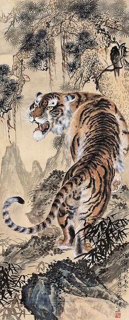 Painted by Cai Heting (蔡鶴汀, 1909-1976) Order an oil painting of your pet now at www.petsinportrait.com Chinese Tiger Painting, Tiger Chinese Art, Tiger Japanese Art, Asian Tiger Tattoo, Chinese Tiger Art, China Animals, Asian Tigers, Chinese Tiger, Japanese Tiger