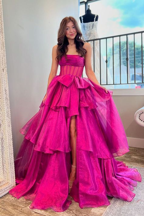 Pink Gowns Dresses, Different Prom Dresses Unique, Crazy Prom Dresses, Pink Ruffle Prom Dress, Prom Dresses Hot Pink, Fuchsia Prom Dress, Strapless Organza, Tiered Prom Dress, Ruffle Prom Dress