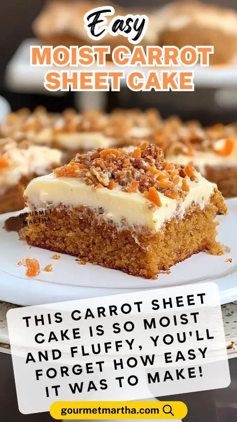 This Easy Moist Carrot Sheet Cake is the ultimate treat for dessert lovers. With a perfect balance of sweet carrots and a fluffy texture, this cake will become your go-to dessert for any occasion.  Surprise your taste buds – full recipe inside  #CarrotCake #SheetCake #EasyBaking #MoistCake #CarrotCakeRecipe #DessertLovers #CreamCheeseFrosting #HomemadeCake #BakingRecipes #YummyDesserts Carrot Sheet Cake Recipe, Carrot Sheet Cake, Pecan Pie Cake, Sweet Carrots, Cake Bars Recipe, Carrot Cake Bars, Carrot Cake Recipe Easy, Homemade Carrot Cake, Moist Carrot Cakes