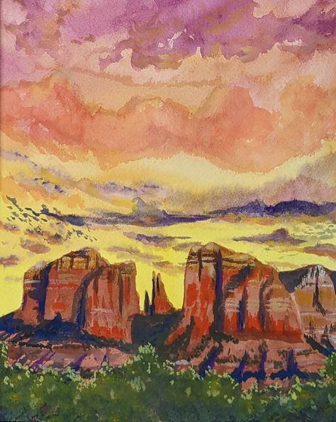 "This was inspired by my recent trip to Sedona, Arizona. I painted the background with watercolor and the rock formations with gouache. It's an 8\"x10\" painting in a dark green 11\"x14\" mat. It's ready for you to put right into a frame, or give as a gift. Bring the beauty of the Southwest into your home." Grand Canyon Watercolor, Sedona Watercolor, Sedona Painting, Sedona Mountains, Sedona Art, Southwest Watercolor, Arizona Painting, Canyon Painting, Mom Painting