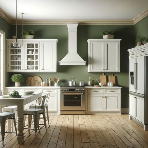 white kitchen cabinets with olive green walls Green Wall Kitchen White Cabinets, White Cabinets With Green Walls, Sage Kitchen Walls White Cabinets, Wall Color Ideas With White Cabinets, Green Cabinets White Walls, Green Wall White Cabinets, White Cabinets With Colored Walls, Green Painted Walls Kitchen, White Kitchen Green Walls