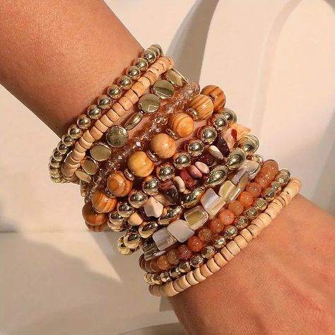 Boho Beach Bracelets Set Natural Wooden Beads Resin - Temu Tan Bracelets, Earthy Bracelets, Fall Bracelets, Boho Bracelets Stack, Bracelet Stacks, Bracelet Inspo, Earthy Jewelry, Wood Bead Bracelet, Summer Gathering