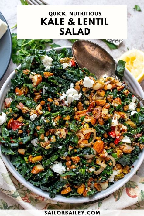 Feel good, nutritious Kale And Lentil Salad is packed with garlic lemon flavor and zesty nuts in each bite. Ready in 20 minutes or less. via @sailor_bailey Lentils And Kale, Lentil Kale, Vegan Salad Dressing Recipes, Salad Caprese, Sailor Bailey, Salad Cucumber, Canned Lentils, Nicoise Salad, Healthy Easy Recipes