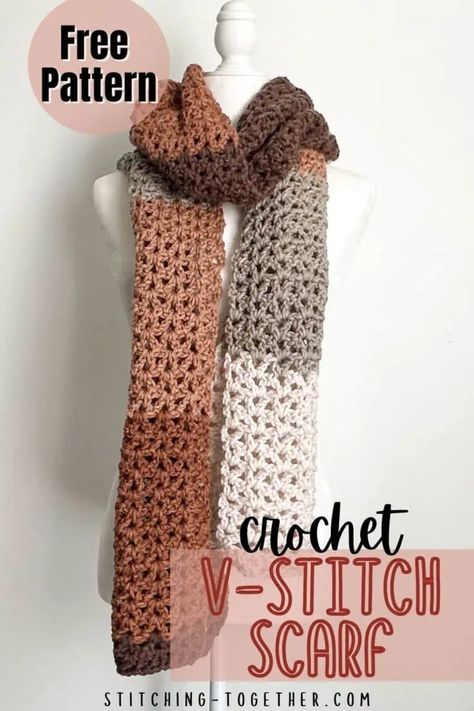 This gorgeous chunky crochet scarf is perfect for the cold winter months. You can make your own v-stitch scarf with this free crochet pattern. Grab your hook and chunky yarn and get started now. Crochet Velvet Scarf, Chunky Scarf Crochet Pattern, Crochet Scarf Pattern Free Easy, Crochet Infinity Scarf Free Pattern, Winter Scarf Pattern, Bulky Yarn Crochet, V Stitch Crochet, Crochet Scarf For Beginners, Chunky Yarn Crochet