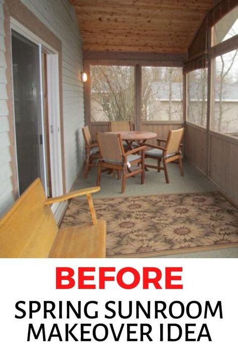 Decorating on a budget? check out the before and after photos of this sunroom remodel for some inspiration. The bold color scheme for trimmings instantly updates this old looking space. #diy #sunroom #makeover Sun Porch Ideas Enclosed, Small Enclosed Porch, Sunroom Diy, Diy Sunroom, Small Sunroom Ideas, Sunroom Renovation, Sunroom Makeover, Sunroom Remodel, Cozy Sunroom