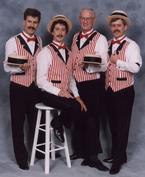 In the future, barbershop quartets will undergo a revival of sorts as an entertainment form in the American Republic. Because nothing is more American than a barbershop quartet, and this would also be really clever for Cress and Thorne's wedding because they're a "barber"shop quartet...(I know. Just go with it.) Barber Shop Quartet Costume, Barbershop Quartet Costume, Inspired Unemployed, Band Poses, Barbershop Quartet, Feel Emotions, Frankenstein Costume, Kaleidoscope Eyes, Barber Shop Quartet