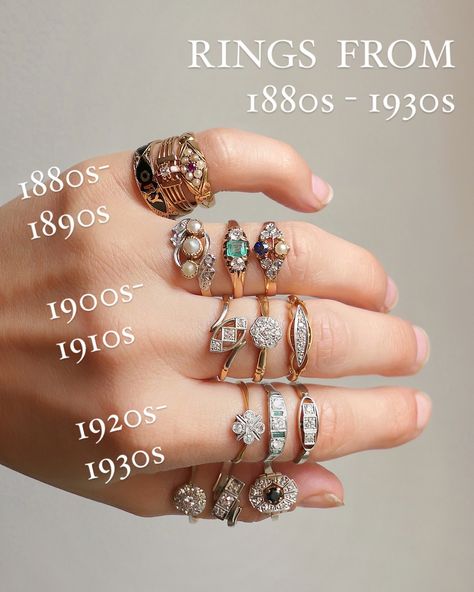 ANTIQUE TO VINTAGE RINGS ✨1880s - 1930s 1880s-90s End of the Victorian period. The single pinky stack features a black enamel mourning band, a ruby and pearl cluster and an old cut diamond rose gold French ring 1900s-10s The ring finger and middle finger are stacked with Edwardian period pieces through to the 1910s. There are art nouveau style rings, rings with platinum tops and millegrain details and some yellow gold gemstone pieces This one is straightforward to remember as it describes... Art Nouveau Ring Vintage, Victorian Cluster Ring With Center Stone, Victorian Gemstone Cluster Ring, Victorian Cluster Yellow Gold Rings, Victorian Multi-stone Cluster Ring, Edwardian Cluster Ring, Antique Rings Victorian, 90s Jewelry, Art Nouveau Ring