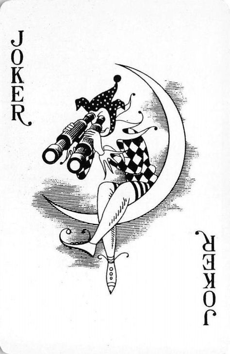 Joker Card Tattoo, Jester Tattoo, Playing Card Tattoos, Joker Playing Card, Skull Stencil, Vintage Advertising Art, Moon Vintage, Joker Tattoo, Joker Card