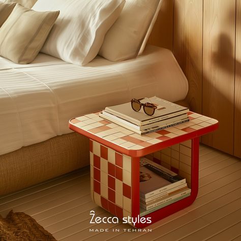 Unique and artistic✨ Experience the perfect fusion of art and utility with this nightstand, featuring vibrant glazed tiles that create a unique visual appeal. www.zeccastyles.com #nightstand #glazedtiles #tiles #zeccastyles Tiled Dresser, Tile Dresser, Unique Nightstand, Tile Furniture, Glazed Tiles, Mosaic Table, August 1, Aesthetic Room Decor, Aesthetic Room