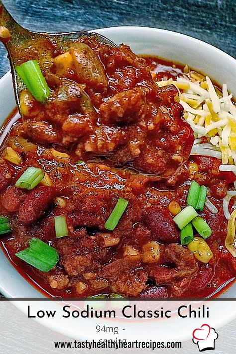 Low Sodium Chili Recipe Crock Pot, Low Sodium Chili Seasoning, No Salt Chili Recipe, Dash Diet Chili Recipe, Chilli Recipe Low Sodium, Heart Healthy Chili Recipes, Low Sodium Stew Recipes, Low Salt Chili Recipe, Low Sodium Keto Recipes