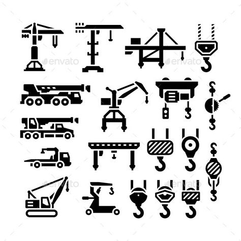 Set Icons of Crane, Lifts, Winches and Hooks Crane Logo, Crane Hook, Iron Workers, Iron Worker, Crane Lift, Black Building, Crane Operator, Container Truck, Gantry Crane