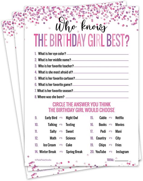 Amazon.com: 30 Who Knows The Birthday Girl Best Game Cards- for Child or Teen- Fun and Easy Game for Party or Sleepover- Girl Birthday Supplies, Activity, Decorations : Toys & Games Game For Party, Girls Birthday Games, Girls Birthday Party Games, Easy Party Games, Birthday Sleepover Ideas, Sweet Sixteen Birthday Party Ideas, Cute Birthday Ideas, Teen Fun