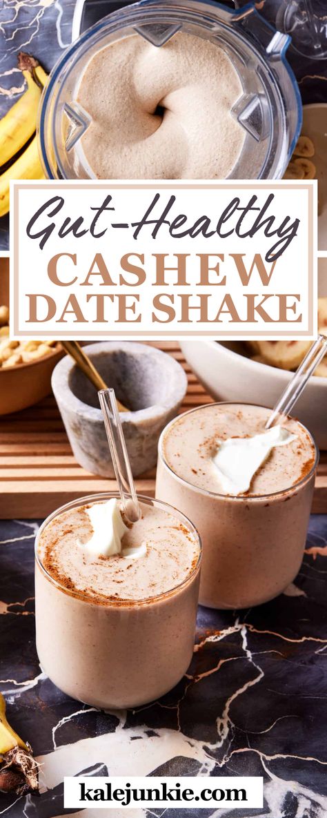 This Gut-Healthy Cashew Date Shake is full of ingredients that will nourish your body and help you feel great all day! You can enjoy a delicious treat full of flavors you’ll love that’s super creamy without any dairy. Our secret ingredient? Cashews! Try it for yourself today and fall in love with this shake! Dairy Free Shakes, Protein Date Smoothie, How To Use Cashew Cream, Date Coffee Smoothie, Whole 30 Shakes, Gut Healthy Smoothies, Cashew Yogurt Uses, Cashew Smoothie Recipes, Smoothie With Dates