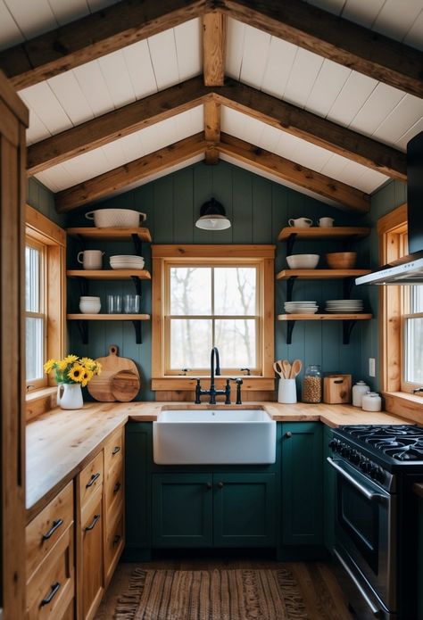 Rustic Cabin Kitchen Ideas for Tiny House Living: Maximizing Space and Style - DownsizeGeek Tiny Cabins Interiors Loft, Cabin Small House, Rustic Tiny Kitchen, Cabin Kitchen Modern, Shed House Kitchen, Cabin Walls Interior, Tiny Cabin Interiors Small Cottages, Green Cabin Kitchen, Cabin Home Decor Ideas