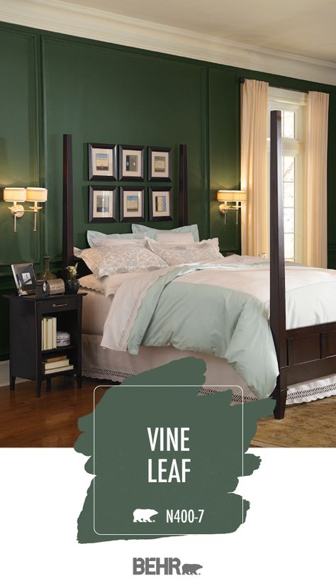 If you’re looking for a dark and moody wall color for your next DIY home makeover project, explore this forest green paint color palette. Deep Behr Paint shades like Vine Leaf, Silken Pine, and Pinecone Hill are sure to add a touch of drama to your walls. Click below for more interior design inspiration. Emerald Green Bedroom Walls, Emerald Green And Grey Bedroom, Green Painted Walls Bedroom, Dark Blue Green Paint Colors, Dark Green And Pink Bedroom, Dark Sage Green Bedroom, Green And Brown Bedroom, Forest Green Paint Color, Bedroom Hygge