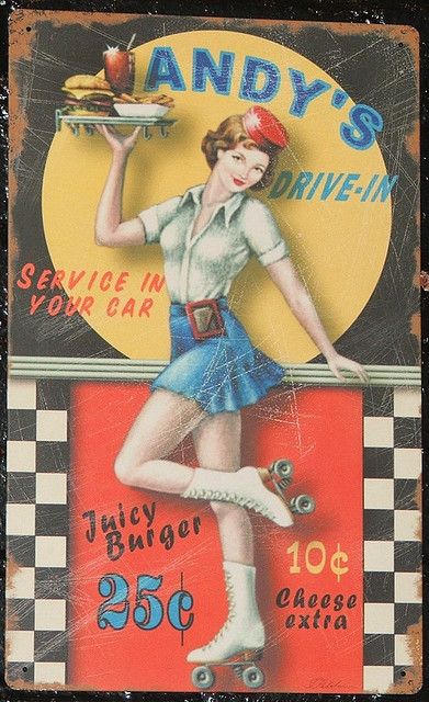 Andy's Drive-in Roller Girl Advertising Tin Art by kocojim, via Flickr Vintage Diner, Pin Up Vintage, Retro Diner, Yamagata, Roller Girl, Old Advertisements, Retro Sign, Retro Ads, Tin Art